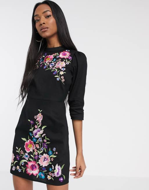 ASOS DESIGN high neck embroidered mini dress in black | ASOS