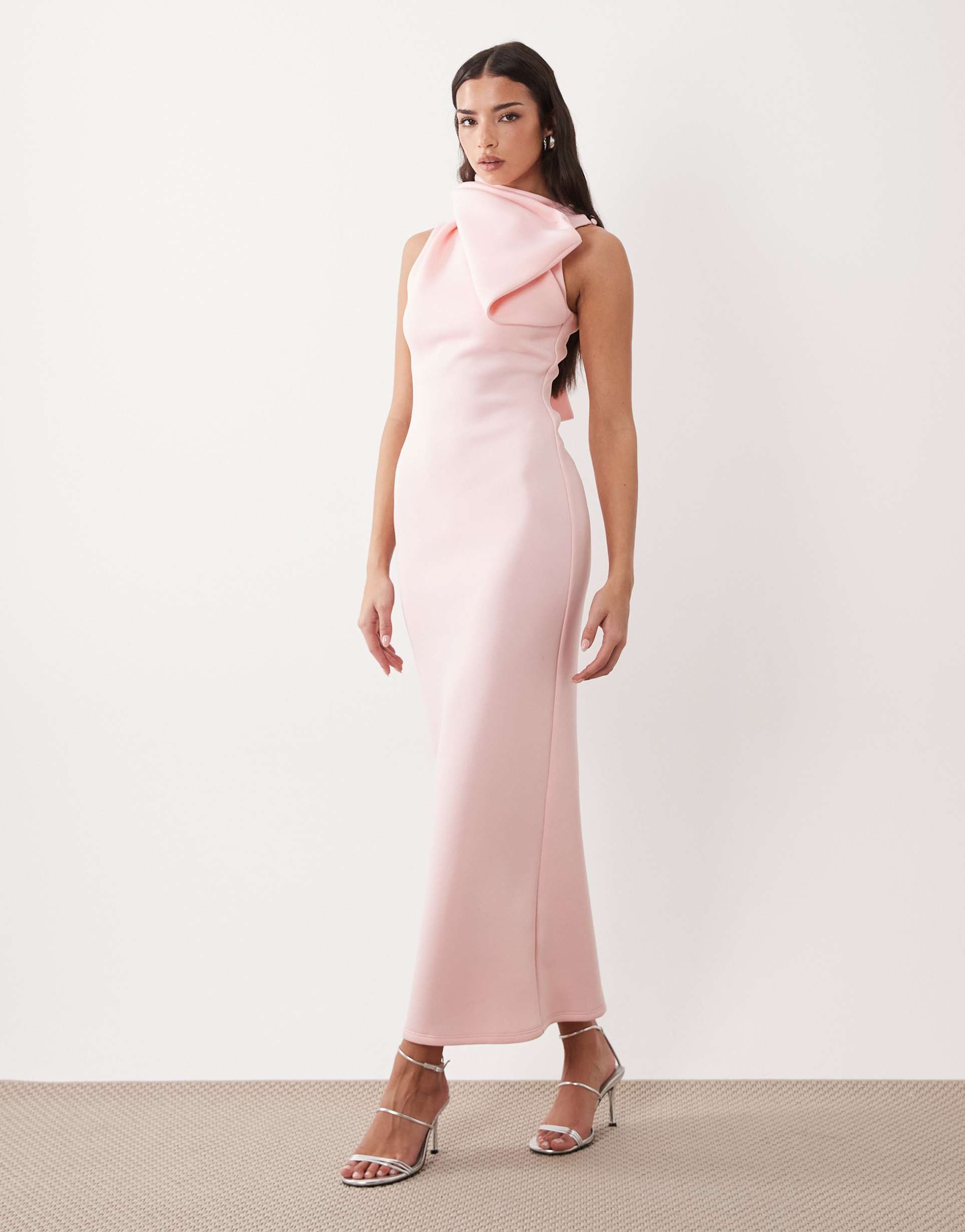 asos design high neck fallen bow detail midi dress in pale pink scuba-style fabric