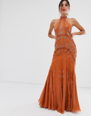 high neck fishtail maxi dress