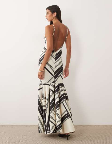 ASOS DESIGN high neck fishtail maxi dress with open back in mono stripe scuba-style fabric - view 1