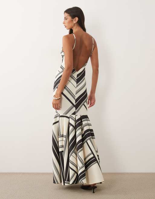 ASOS DESIGN high neck fishtail maxi dress with open back in mono stripe scuba-style fabric, 2 of 4