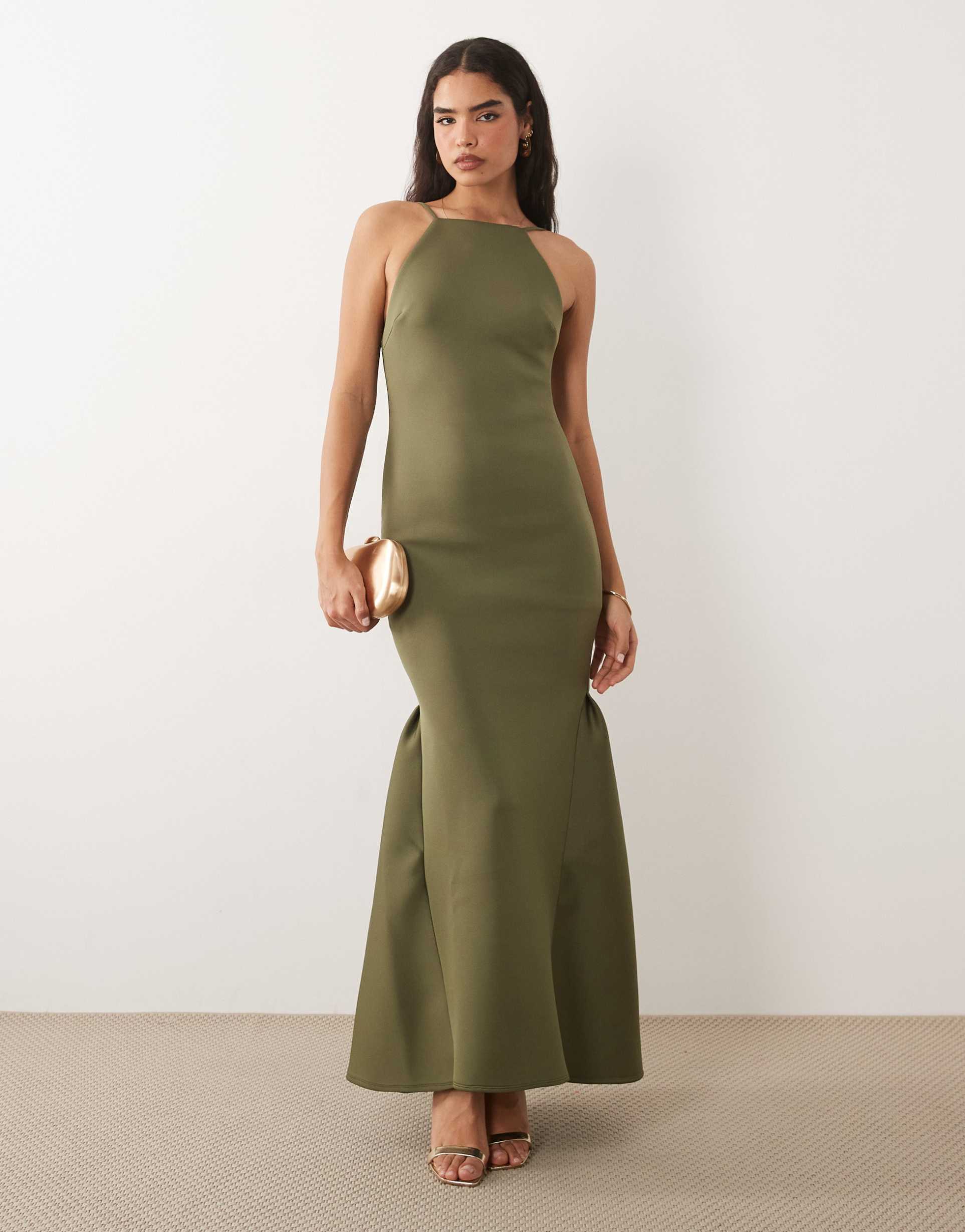 asos design high neck fishtail maxi dress with open back in olive scuba-style fabric