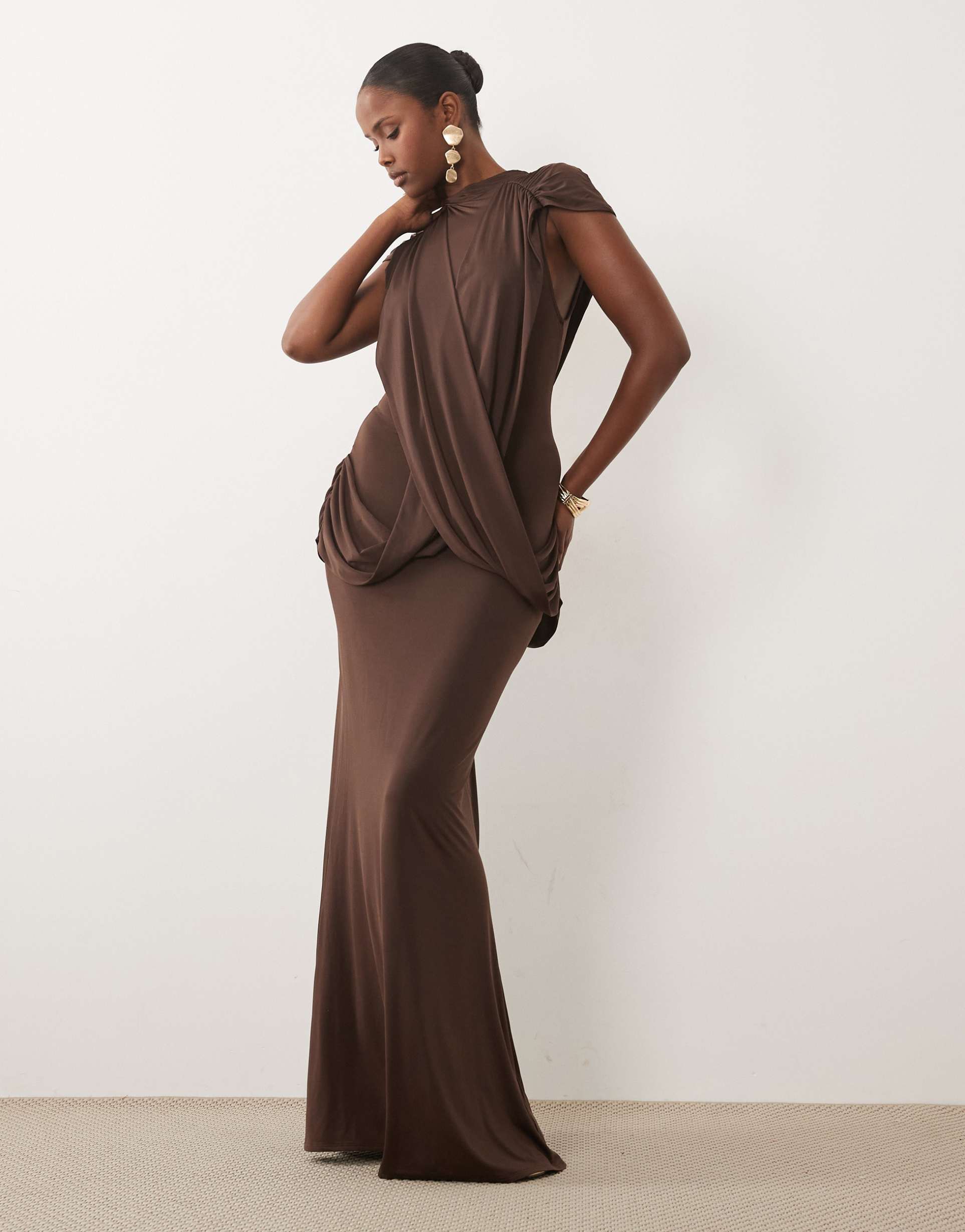 asos design high neck floor length maxi dress with draped bodice in chocolate brown