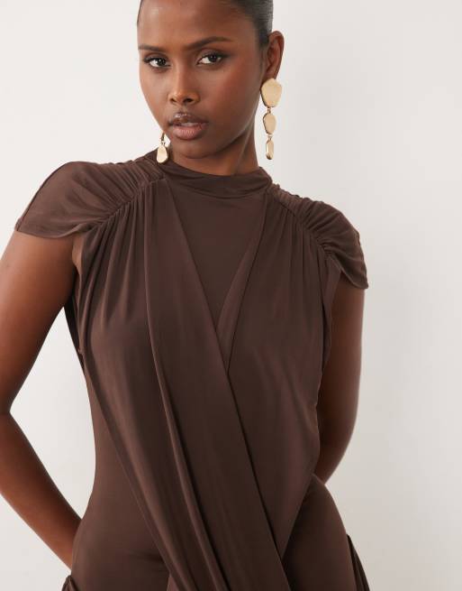ASOS DESIGN high neck floor length maxi dress with draped bodice in chocolate brown, 3 of 4