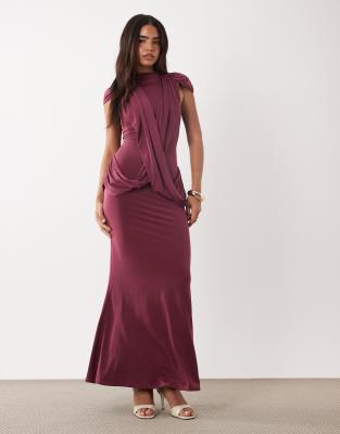 Asos Design High Neck Floor Length Maxi Dress With Draped Bodice In Red