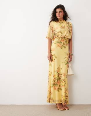 Asos Design High Neck Floral Drape Maxi Dress In Yellow