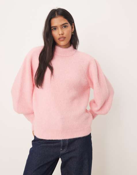 ASOS DESIGN high neck fluffy jumper in pink - view 1
