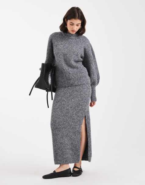 ASOS DESIGN high neck fluffy jumper & maxi skirt co-ord in charcoal - view 1
