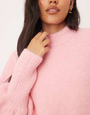 Asos Design High Neck Fluffy Sweater In Pink