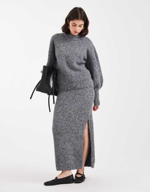 ASOS DESIGN high neck fluffy sweater & maxi skirt set in charcoal