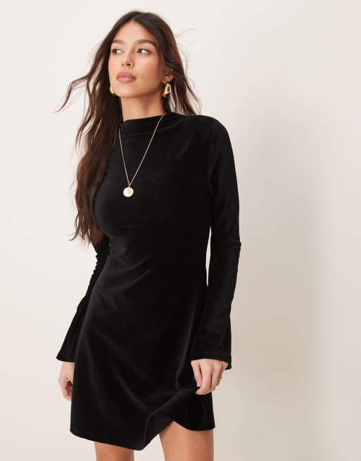 ASOS DESIGN high neck flute sleeve mini dress in velvet cord in black, 2 of 4