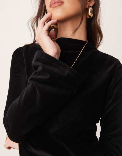 ASOS DESIGN high neck flute sleeve mini dress in velvet cord in black, 3 of 4
