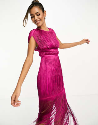 Asos Design High Neck Fringe Maxi Dress In Hot Pink