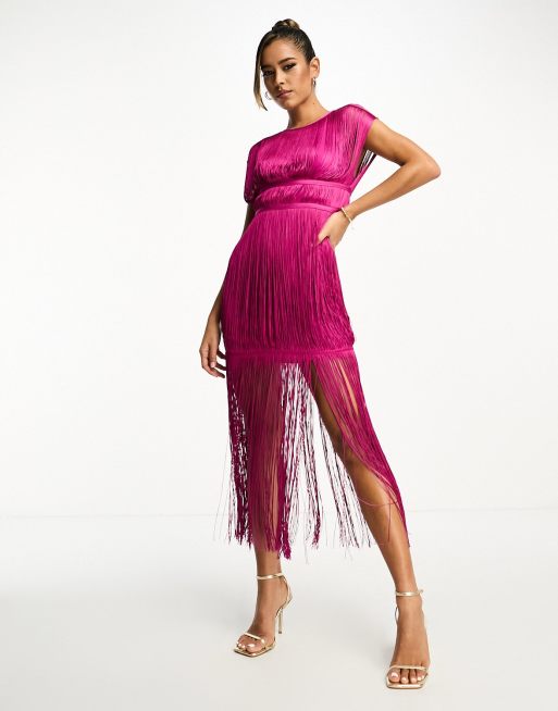 ASOS Design High Neck Fringe Maxi Dress in Hot Pink