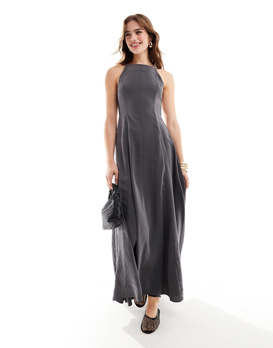 Asos Design High Neck Full Maxi Dress With Open Back In Charcoal-gray