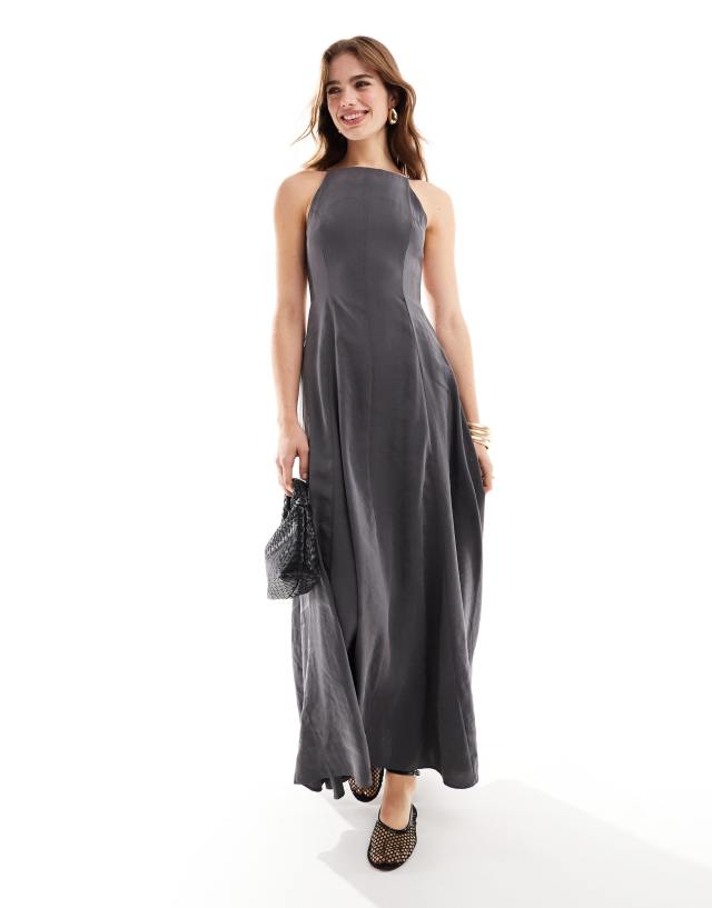 ASOS DESIGN - high neck full maxi dress with open back in charcoal