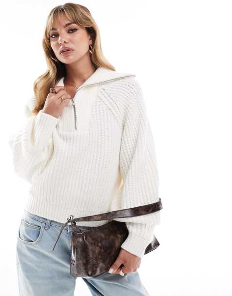 ASOS DESIGN high neck funnel half zip jumper with volume sleeve in cream - view 1