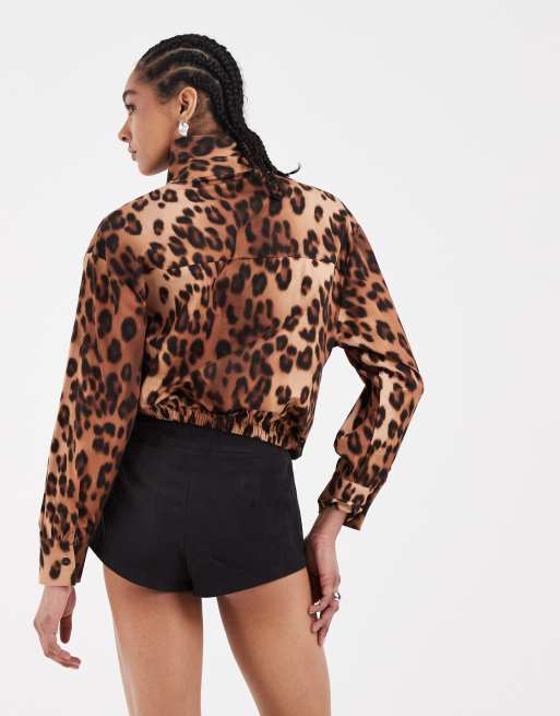 ASOS DESIGN high neck funnel neck bubble jacket in leopard print (part of a set), 4 of 4
