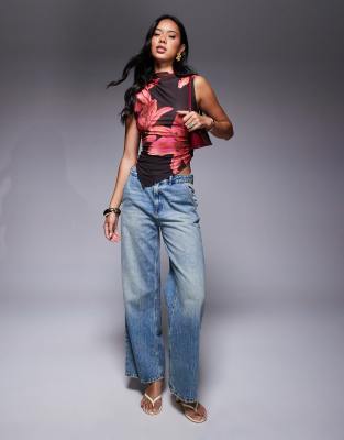 Asos Design High Neck Gathered Asymmetric Hem Top