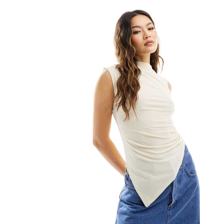 ASOS DESIGN high neck gathered top with asymmetric hem in stone | ASOS