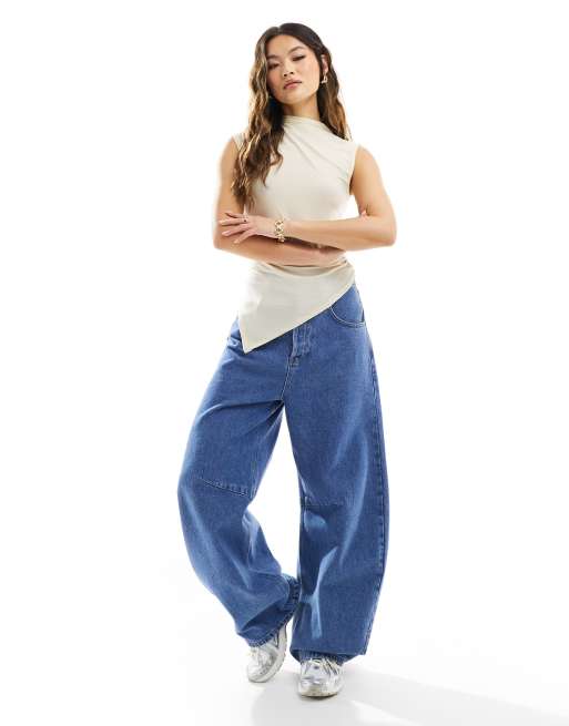 ASOS DESIGN high neck gathered top with asymmetric hem in stone