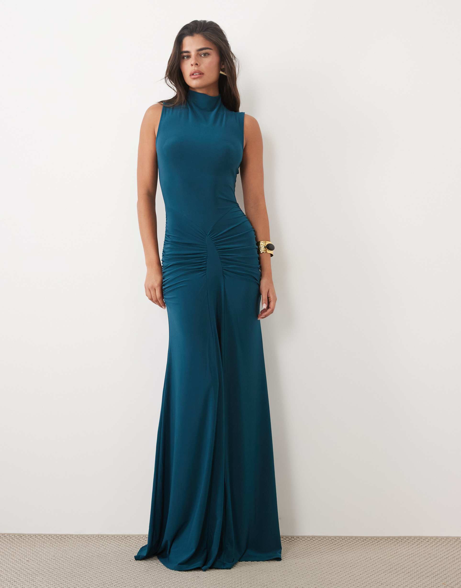 asos design high neck godet detail column maxi dress in petrol blue