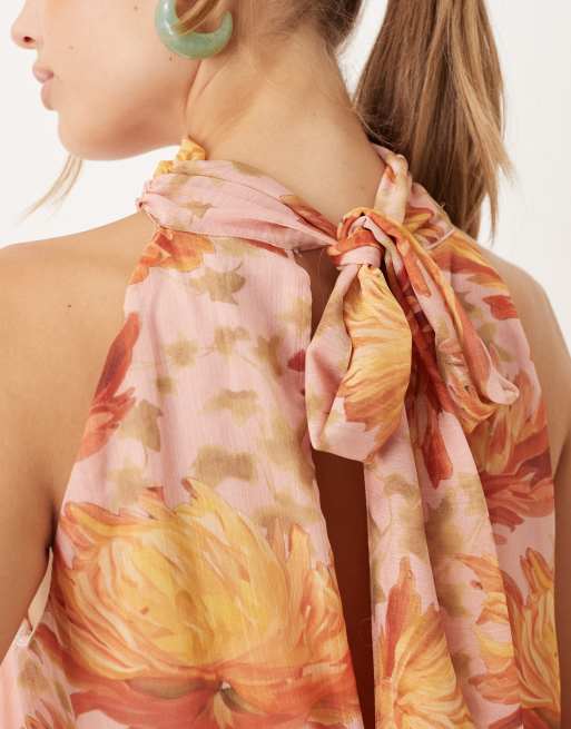 ASOS DESIGN high neck godet mini dress in blown-up floral print