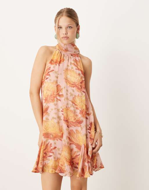 ASOS DESIGN high neck godet mini dress in blown-up floral print