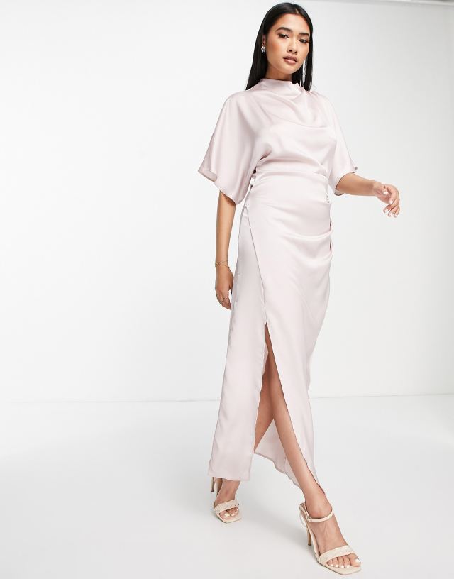 ASOS DESIGN high neck grown on sleeve biased satin midi dress in Oyster