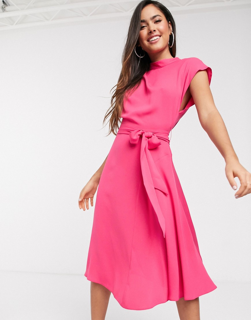 ASOS DESIGN high neck grown on sleeve skater midi dress in magenta-Pink