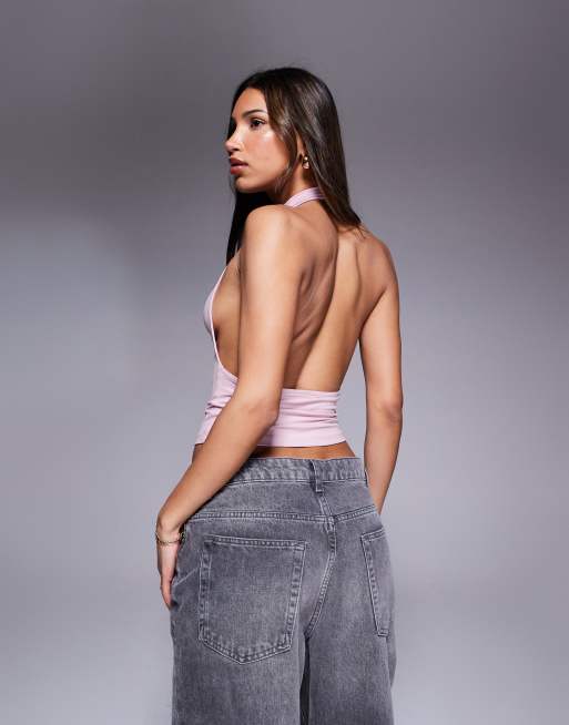 ASOS DESIGN high neck halter cowl neck top in pink