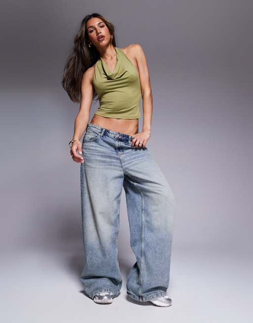 ASOS DESIGN high neck halter cowl neck top in sage green