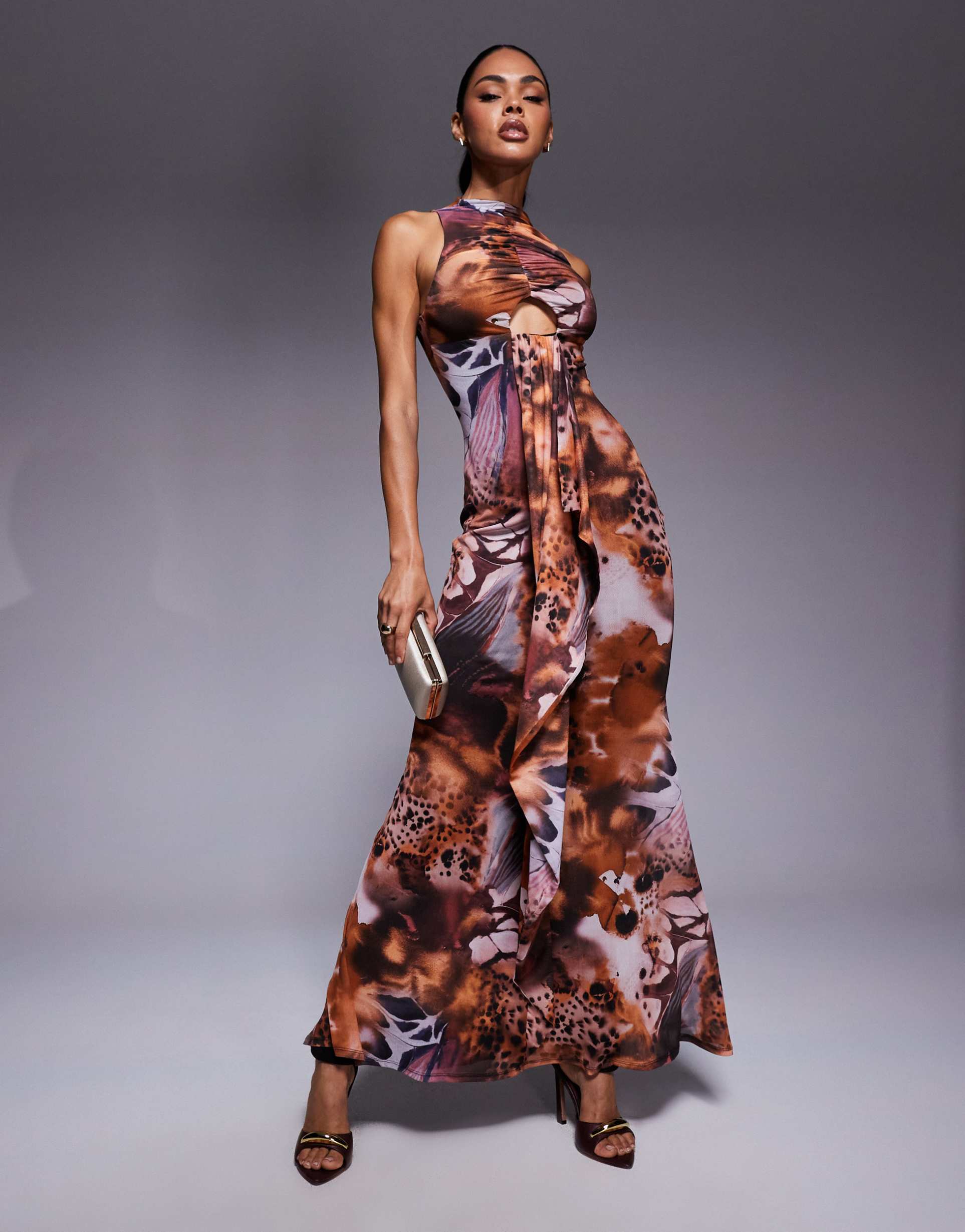 asos design high neck halter dress with ruffle front detail in print