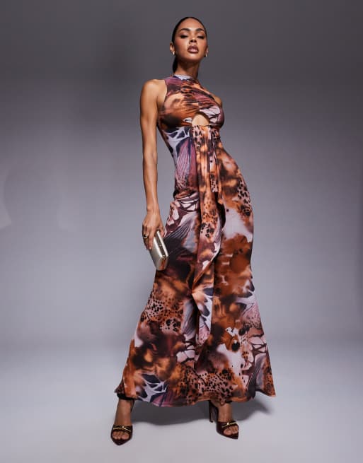 ASOS DESIGN high neck halter dress with ruffle front detail in print