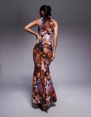 Asos Design High Neck Halter Dress With Ruffle Front Detail In Multi