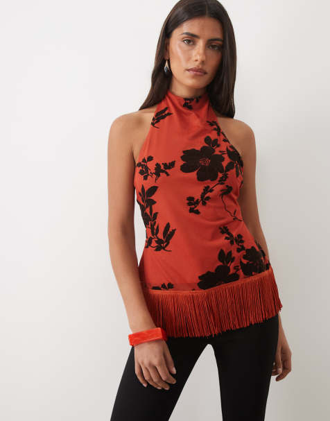 ASOS DESIGN high neck halter fringe top with flocked floral in orange and black - view 1