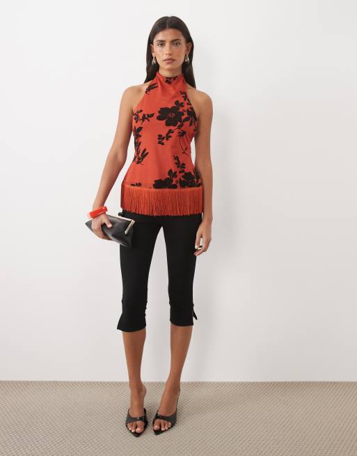 ASOS DESIGN high neck halter fringe top with flocked floral in orange and black, 2 of 4