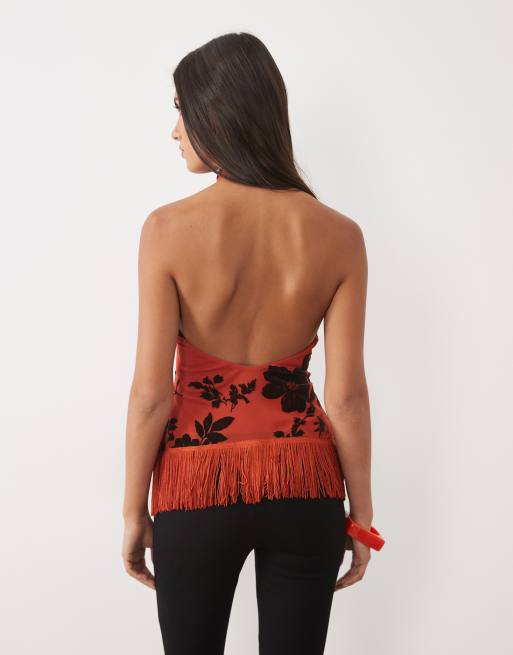 ASOS DESIGN high neck halter fringe top with flocked floral in orange and black, 3 of 4
