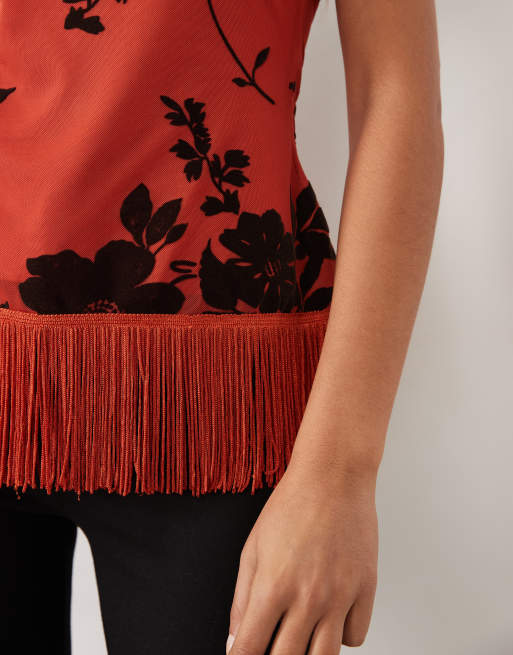 ASOS DESIGN high neck halter fringe top with flocked floral in orange and black, 4 of 4