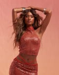 [ASOS DESIGN] ASOS DESIGN high neck halter top in sequin fishnet in burnt orange (part of a set) 18 Burnt Orange