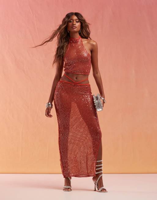 ASOS DESIGN high neck halter top in sequin fishnet in burnt orange - part of a set, 2 of 4