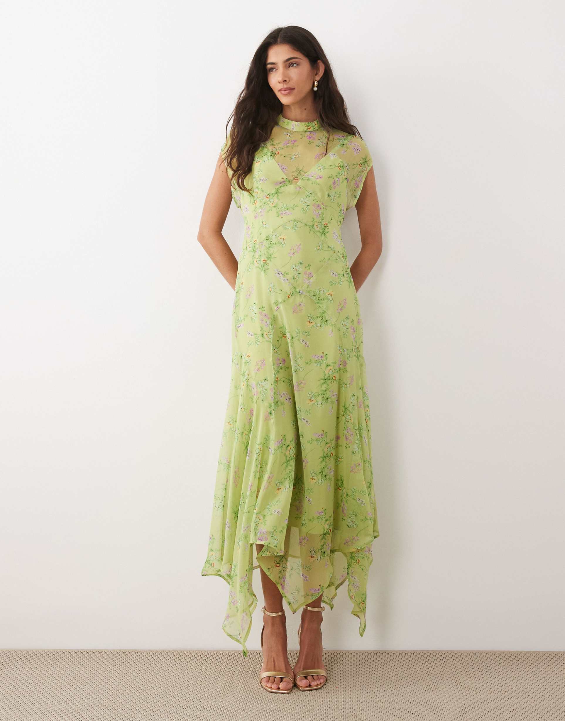 asos design high neck handkerchief hem chiffon maxi dress in lime floral