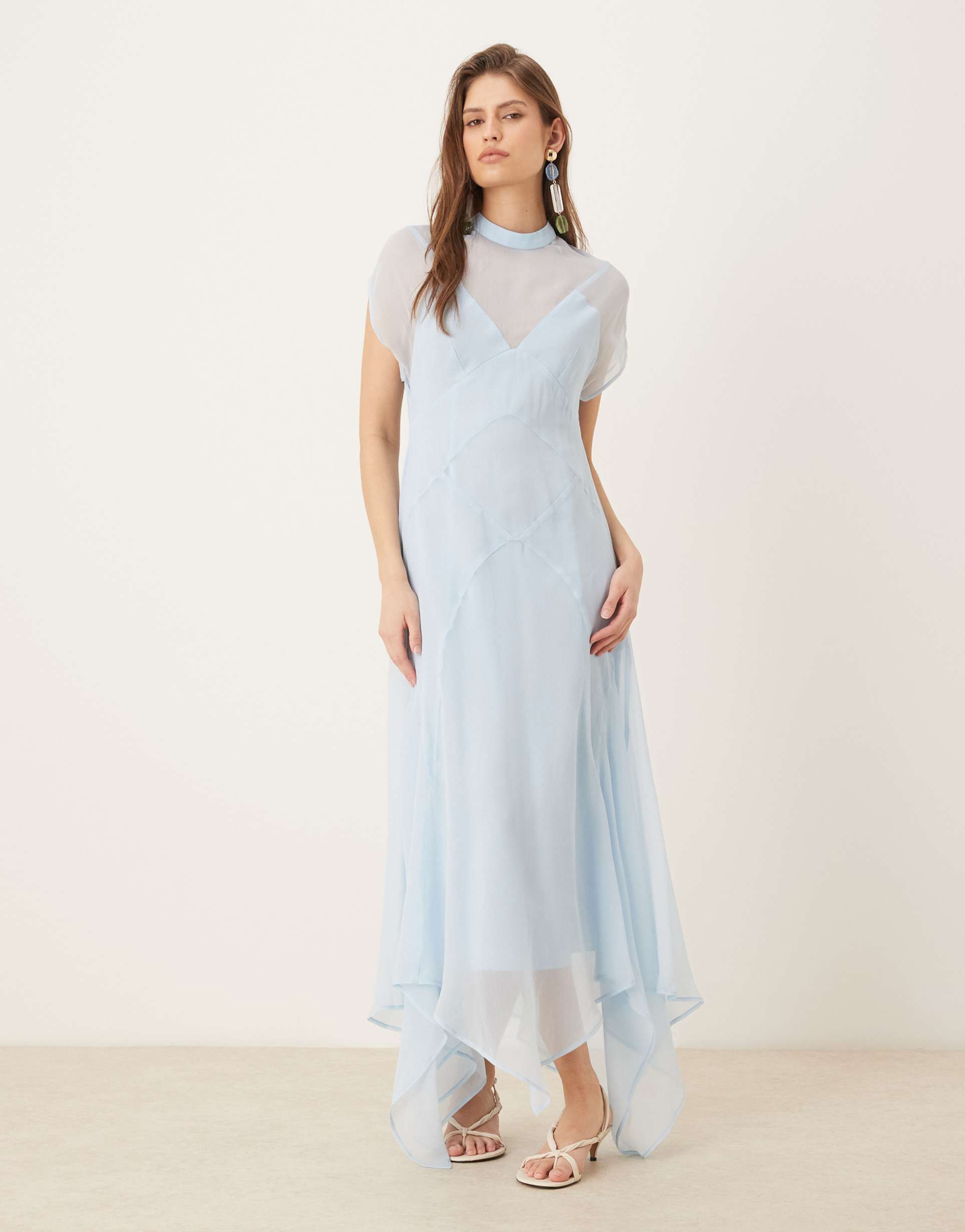 asos design high neck handkerchief hem chiffon maxi dress in soft blue