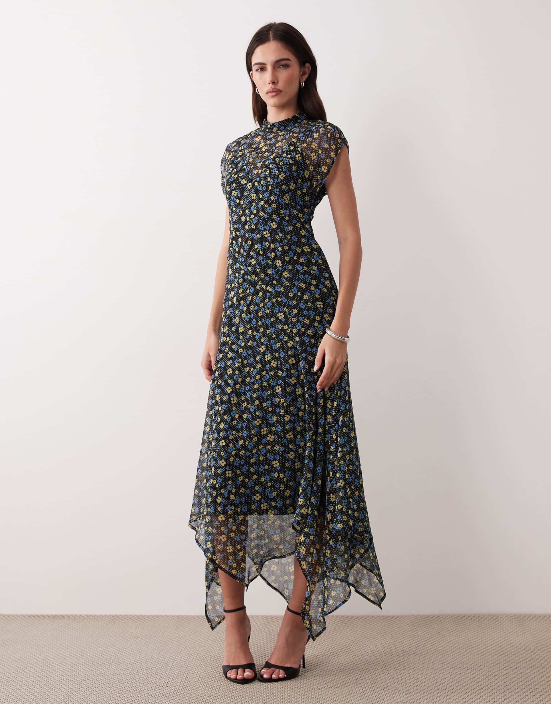 asos design high neck hanky hem chiffon maxi dress in black floral print