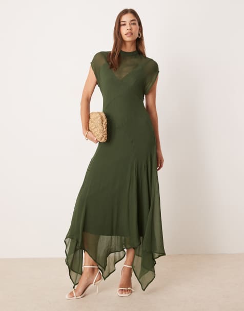 ASOS DESIGN high neck hanky hem chiffon maxi dress in dark moss - view 1