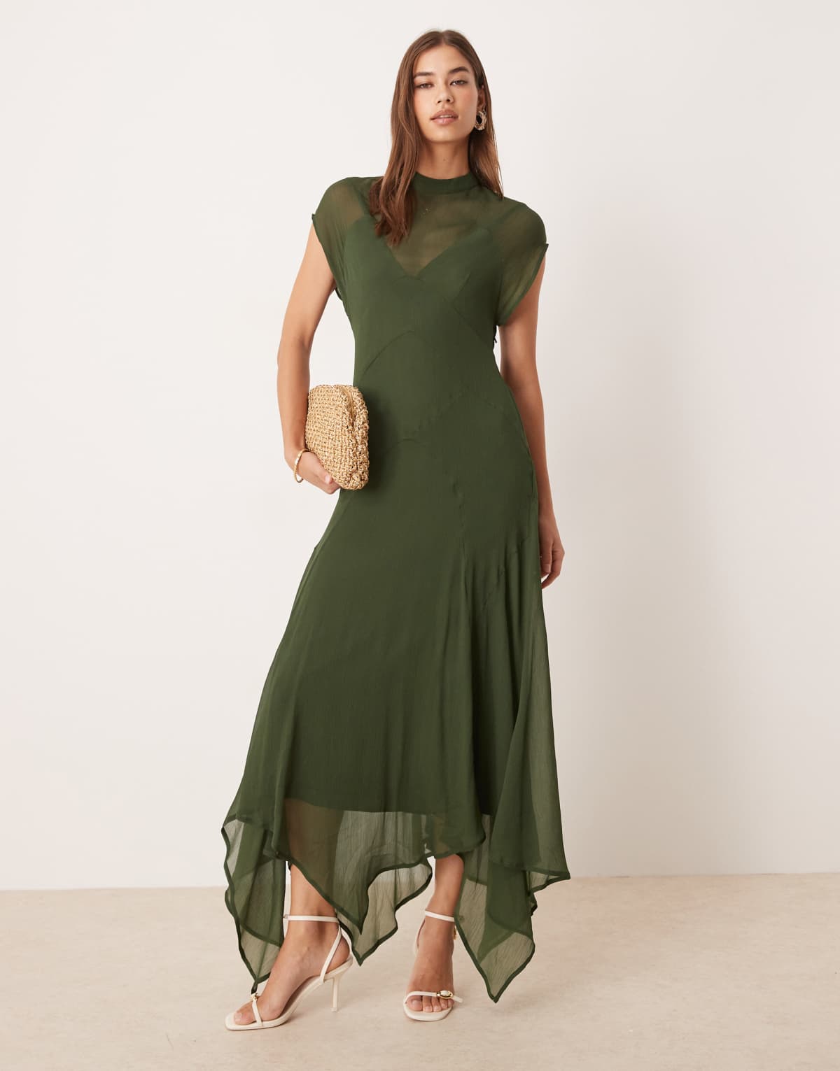ASOS DESIGN high neck hanky hem chiffon maxi dress in dark moss