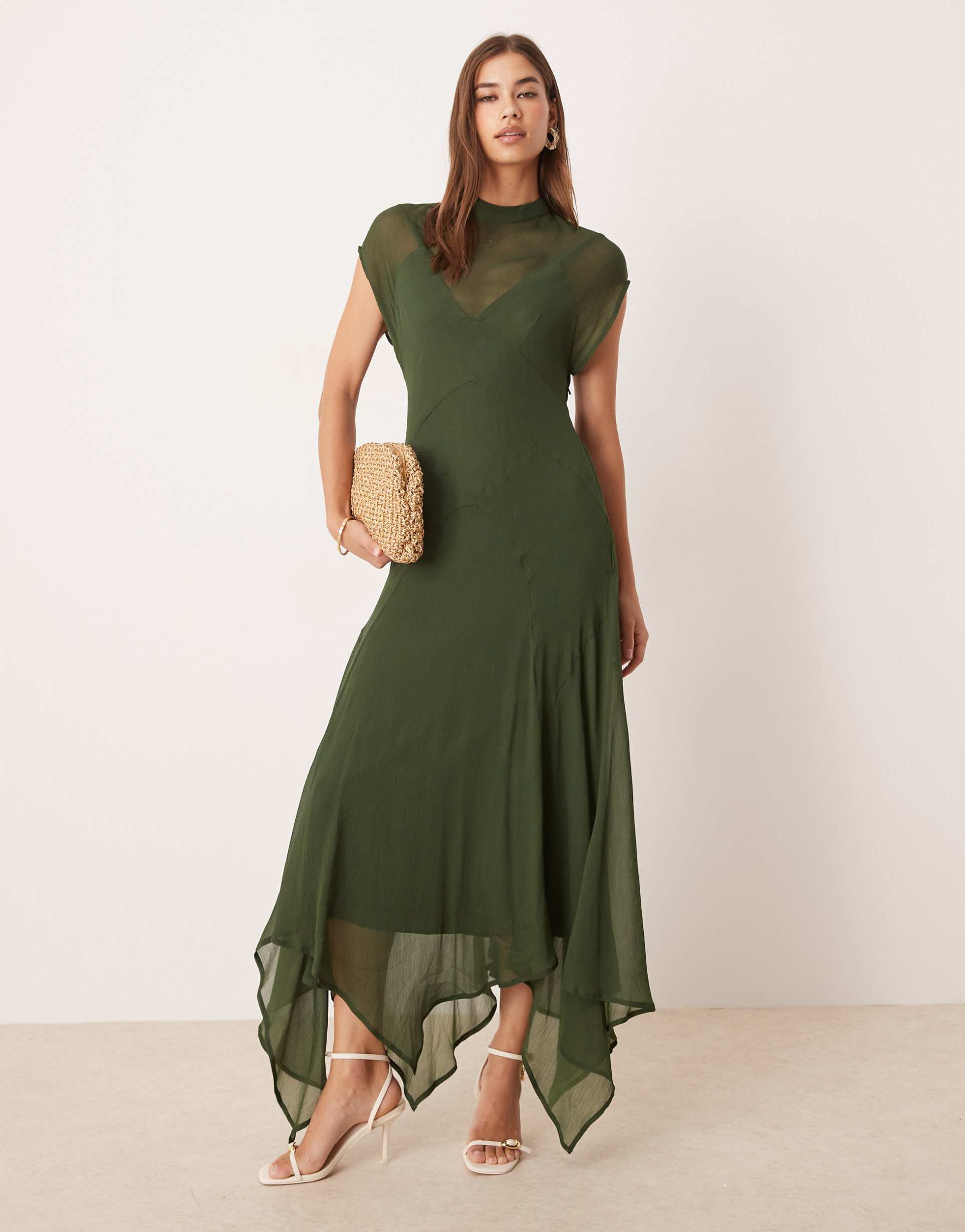 asos design high neck hanky hem chiffon maxi dress in dark moss