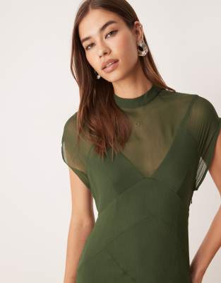 Asos Design High Neck Hanky Hem Chiffon Maxi Dress In Green
