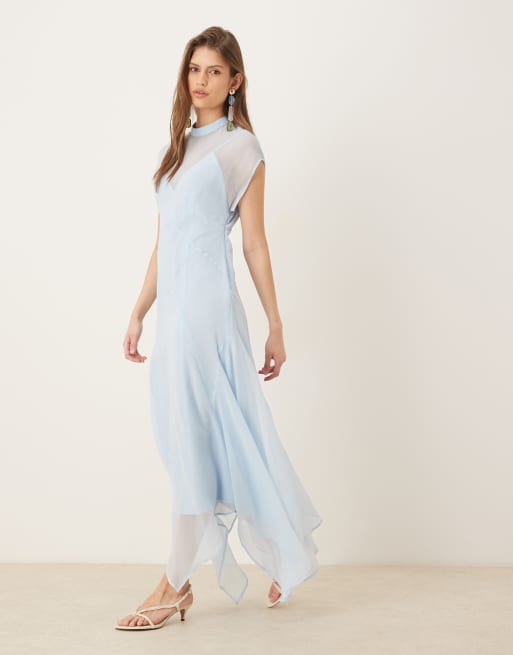 ASOS DESIGN high neck hanky hem chiffon maxi dress in soft blue, 2 of 4