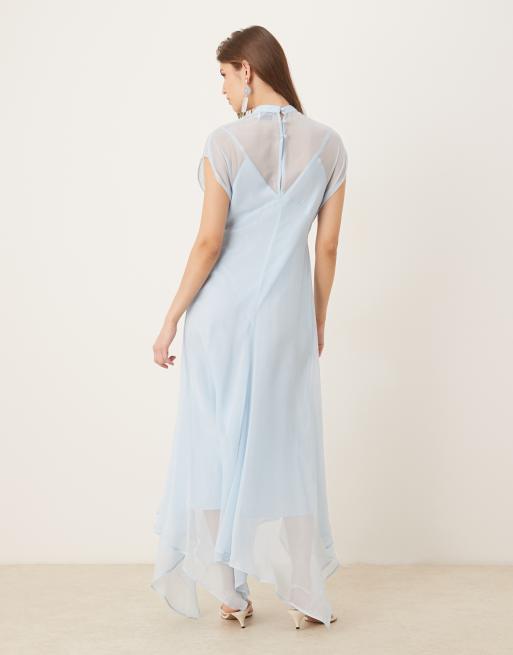ASOS DESIGN high neck hanky hem chiffon maxi dress in soft blue, 4 of 4